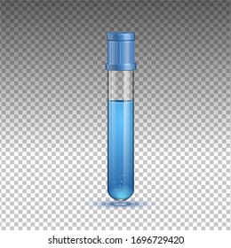 Vector glass transparent long test tube with liquid in which the bubbles are closed with a blue realistic cap.