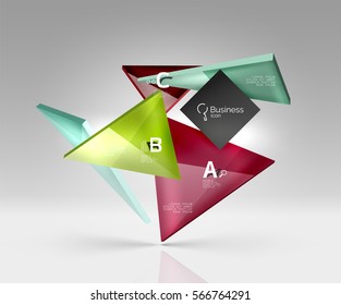 Dreieckszusammensetzung aus Vektorglas auf grauem 3D-Hintergrund. Abstrakter Hintergrund für Workflow-Layout, Diagramm, Zahlenoptionen oder Webdesign