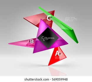 Vector glass triangles composition on grey 3d background. Abstract background for workflow layout, diagram, number options or web design