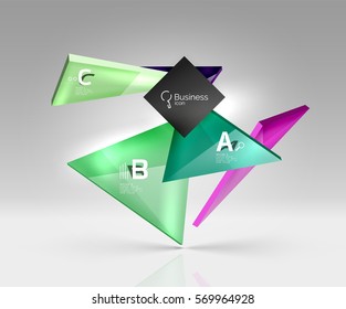 Vector glass triangles composition on grey 3d background. Abstract background for workflow layout, diagram, number options or web design