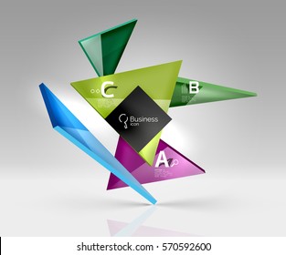 Vector glass triangles composition on grey 3d background. Abstract background for workflow layout, diagram, number options or web design