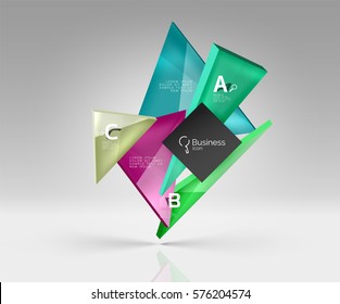 Dreieckszusammensetzung aus Vektorglas auf grauem 3D-Hintergrund. Abstrakter Hintergrund für Workflow-Layout, Diagramm, Zahlenoptionen oder Webdesign