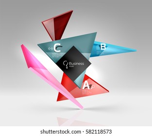 Vector glass triangles composition on grey 3d background. Abstract background for workflow layout, diagram, number options or web design