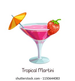 Vector glass of tropical martini with strawberries and umbrella isolated on white. Color illustration summer alcohol drink.