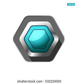 Vector glass turquoise button with glow and mesh pattern on the hexagon metal base with shadow.