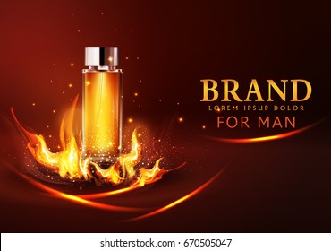 Vector glass vial on a dark background in flames and smoke.Element for modern design, advertising for sales,template cosmetic,perfume.Realistic 3d illustration.Banner,flyer, brochure for the promotion