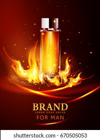 Vector glass vial on a dark background in flames and smoke.Element for modern design, advertising for sales,template cosmetic,perfume.Realistic 3d illustration.Banner,flyer, brochure for the promotion