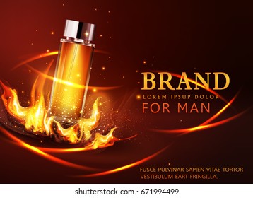 Vector glass vial on a dark background in flames and smoke.Element for modern design, advertising for sales,template cosmetic,perfume.Realistic 3d illustration.Banner,flyer, brochure for the promotion