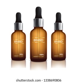 Vector glass vial with professional facial serum on the background of waves and bubbles. Template cosmetic products with oil Q10. Element for design, advertising, promotion of cosmetic.