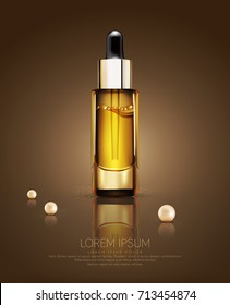 Vector glass vial with professional facial serum with pearls. Template cosmetic products with oil Q10. Element for design, advertising, promotion of cosmetic