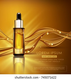 Vector glass vial with professional facial serum on  the background of waves and bubbles. Template cosmetic products with oil Q10. Element for design, advertising, promotion of cosmetic