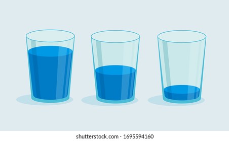 Vector glass of water. Full and empty glass. Drink more water concept.