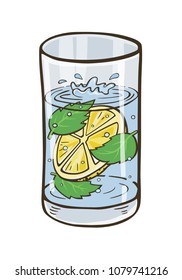 Vector glass of water with lemon and mint leafs. Fresh cold lemon drink with mint.