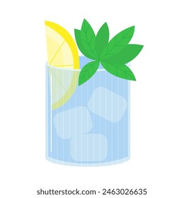 Vector glass with water, mint and lemon flat illustration. Mojito in a glass with lemon and mint.