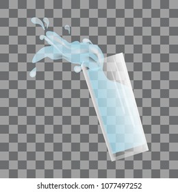 Vector of glass of water with splash and drops on transparent background.