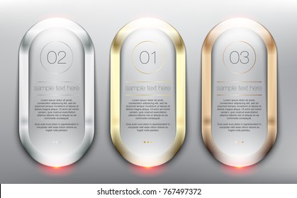 Vector glass web banners set of 3. Glossy circle banners with gold, silver and bronze frames. Isolated on the light panel. Each item contains space for own text. Vector illustration. Eps10.