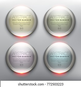 Vector glass web banners set of 4. Round glossy banners in pastel colors. Isolated with realistic light and shadow on the light panel. Each item contains space for own text. Vector illustration. Eps10