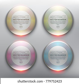 Vector glass web banners set of 4. Round glossy banners with circular design. Isolated on the light panel. Each item contains space for own text. Vector illustration. Eps10.