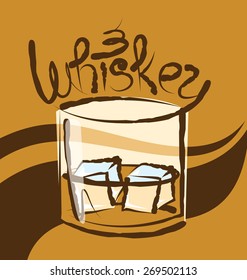 Vektorglas mit Whiskey-Aufschrift und Eis