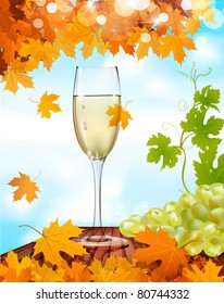 vectores un vaso de vino sobre una mesa de madera, y las uvas contra el cielo azul y las hojas de arce otoñales
