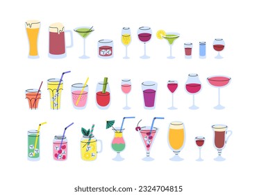 Vector glasses with alcohol and non alcohol drinks set. Doodle different types of glasses filled with beverages. Vodka, whiskey, rum, beer and wine types. Mojito, tequila isolated