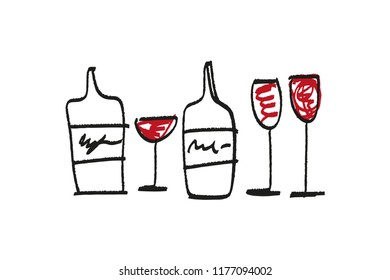 Vector glasses and bottles set, collection of sketched silhouettes