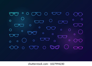 Vector glasses bright horizontal illustration or banner in thin line style on dark background