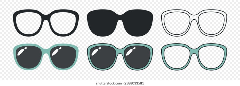 Vector Glasses Icon Set. Cutout Silhouette, Outline Icon, Flat Color Design, Frames, Black Glass Styles. Eyeglasses, Sunglasses, Modern Glasses Frames. Design Template for Optics, Fashion Branding