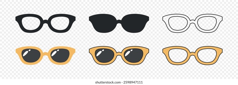 Vector Glasses Icon Set. Cutout Silhouette, Outline Icon, Flat Color Design, Frames, Black Glass Styles. Eyeglasses, Sunglasses, Modern Glasses Frames. Design Template for Optics, Fashion Branding