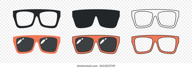 Vector Glasses Icon Set. Cutout Silhouette, Outline Icon, Flat Color Design, Frames, Black Glass Styles. Eyeglasses, Sunglasses, Modern Glasses Frames. Design Template for Optics, Fashion Branding