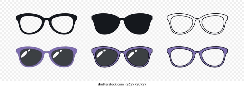 Conjunto de ícones de óculos vetoriais. Silhueta de recorte, Ícone de contorno, Design de cor plana, Quadros, Estilos de vidro preto. Óculos, Óculos De Sol, Quadros De Óculos Modernos. Modelo de Design para Ótica, Moda Branding