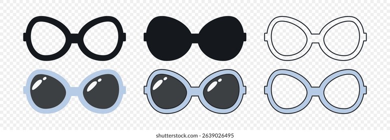 Vector Glasses Icon Set. Cutout Silhouette, Outline Icon, Flat Color Design, Frames, Black Glass Styles. Eyeglasses, Sunglasses, Modern Glasses Frames. Design Template for Optics, Fashion Branding