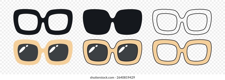 Vector Glasses Icon Set. Cutout Silhouette, Outline Icon, Flat Color Design, Frames, Black Glass Styles. Eyeglasses, Sunglasses, Modern Glasses Frames. Design Template for Optics, Fashion Branding