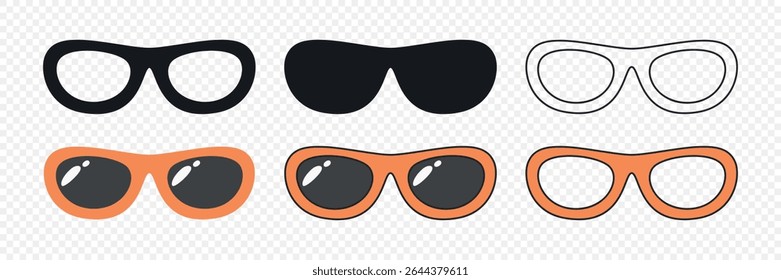 Vector Glasses Icon Set. Cutout Silhouette, Outline Icon, Flat Color Design, Frames, Black Glass Styles. Eyeglasses, Sunglasses, Modern Glasses Frames. Design Template for Optics, Fashion Branding