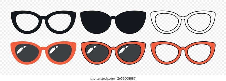 Vector Glasses Icon Set. Cutout Silhouette, Outline Icon, Flat Color Design, Frames, Black Glass Styles. Eyeglasses, Sunglasses, Modern Glasses Frames. Design Template for Optics, Fashion Branding