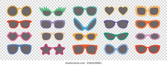 Vector Glasses Icon Set with Transparent Lenses. Glasses Icons, Eyeglasses, Sunglasses, Modern Glasses Frames. Glasses Design Template for Optics, Fashion, Branding. Eyewear Advertising