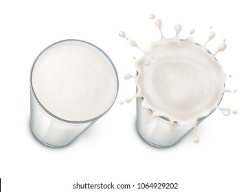 Vector glasses with milk, splashing in the glass. Mock up of farm product isolated on white background. Elements for advertising poster, promo banner of natural drink, template for label