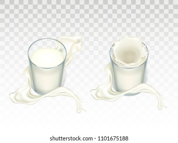 Vector glasses with milk. Splashing liquid, flowing splashes around glassful. Mock up of farm product isolated on translucent background. Elements for advertising poster, promo banner of natural drink