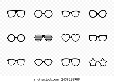 Iconos de modelo de gafas vectoriales. Hombre, Marcos De Las Mujeres, Diferentes Formas, Gafas De Sol De Corte. Gafas monocromas aisladas. Siluetas de gafas