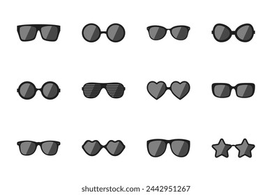 Vector Glasses Model Icons. Man, Women Frames, Different Shapes Sunglasses. Black Eyeglasses Isolated. Eyewear Silhouettes