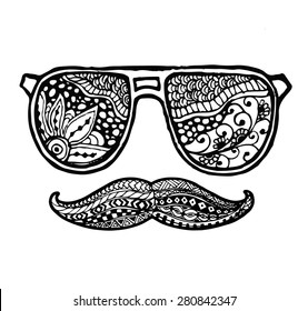 Vector of glasses and mustache in zentangle style. Concept Hipster