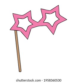 Vector glasses on a stick for photo shoots in the style of doodle. Glasses in the form of stars.