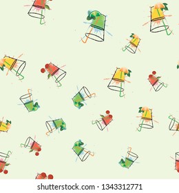 Vector glasses of orange, Cherry juice and mojito in hatching style seamless pattern