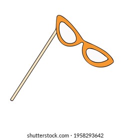 Vector glasses in the style of doodle on a stick for festive photo shoots. Glasses with black outline in almond shape.