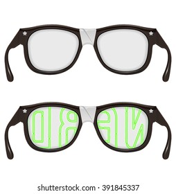 Vector glasses with a white patch and the word nerd reflected in neon