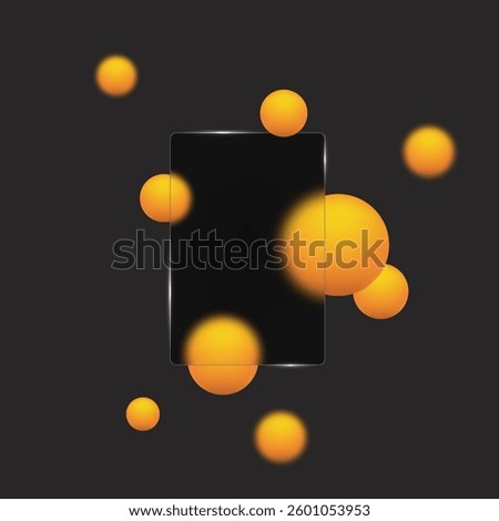 Vector glassmorphism. Space for text, banner. Transparency effect. Place for awesome title. Glassmorphism frame. Set of yellow spheres.