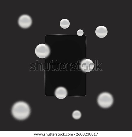 Vector glassmorphism. Space for text, banner. Transparency effect. Place for awesome title. Glass morphism frame. Set of white pearl spheres.