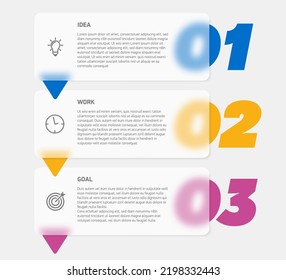 Vector glassmorphism style progress steps for tutorial. 3 options infographic banner. Number banner template for diagram, presentation or chart. Business concept sequence banner. Vertical workflow lay