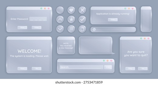 Vector glassmorphism UI elements with transparent interface panels, pc windows, buttons, sliders and icons. Clean futuristic design ideal for apps, dashboards and web interfaces.