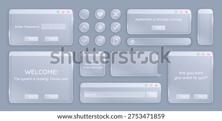 Vector glassmorphism UI elements with transparent interface panels, pc windows, buttons, sliders and icons. Clean futuristic design ideal for apps, dashboards and web interfaces.